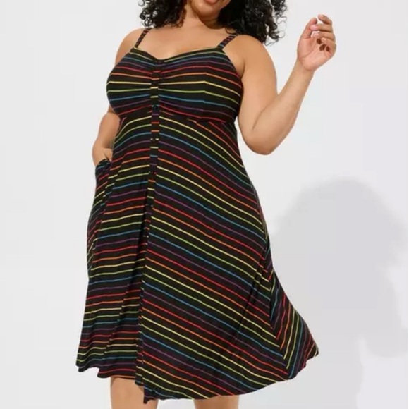 Torrid Black Rainbow Stripe Super Soft Button-Front Midi Swing Dress 1X 14 16 - Picture 5 of 16